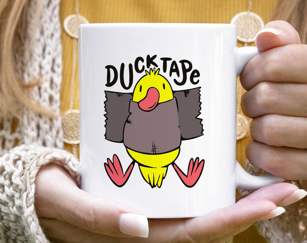 "Duck Tape" design on a white ceramic coffee mug