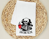 Staying Alive Coffee Skeleton Tea Towel, Flour Sack Kitchen Dish Towel