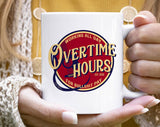 "Overtime Hours Oliver Anthony Inspired" design on a white ceramic coffee mug