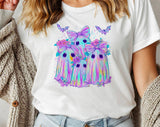 "Iridescent Ghost Bow" design on a white unisex t-shirt