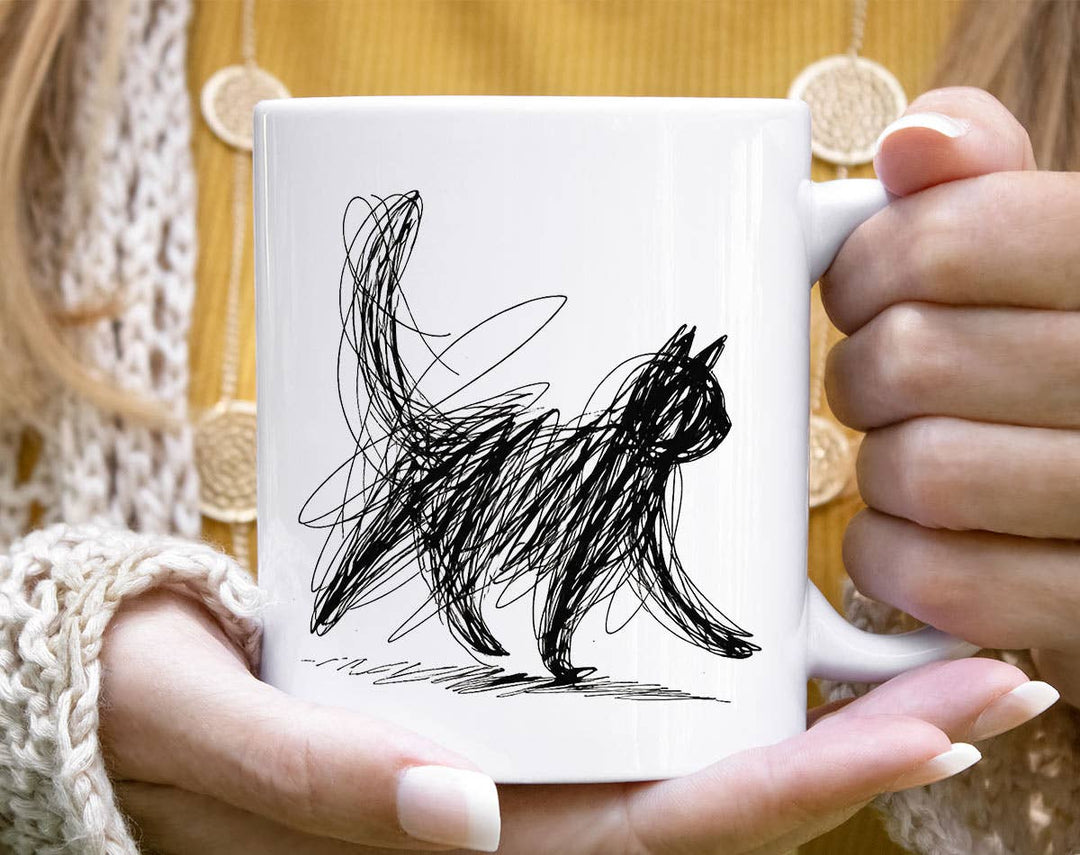 "Cat Abstract Drawing" design on a white ceramic coffee mug
