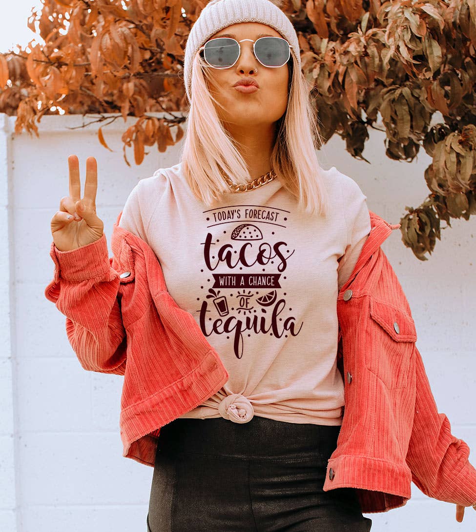 "Today's Forecast Tacos & Margaritas" design on a peach unisex t-shirt