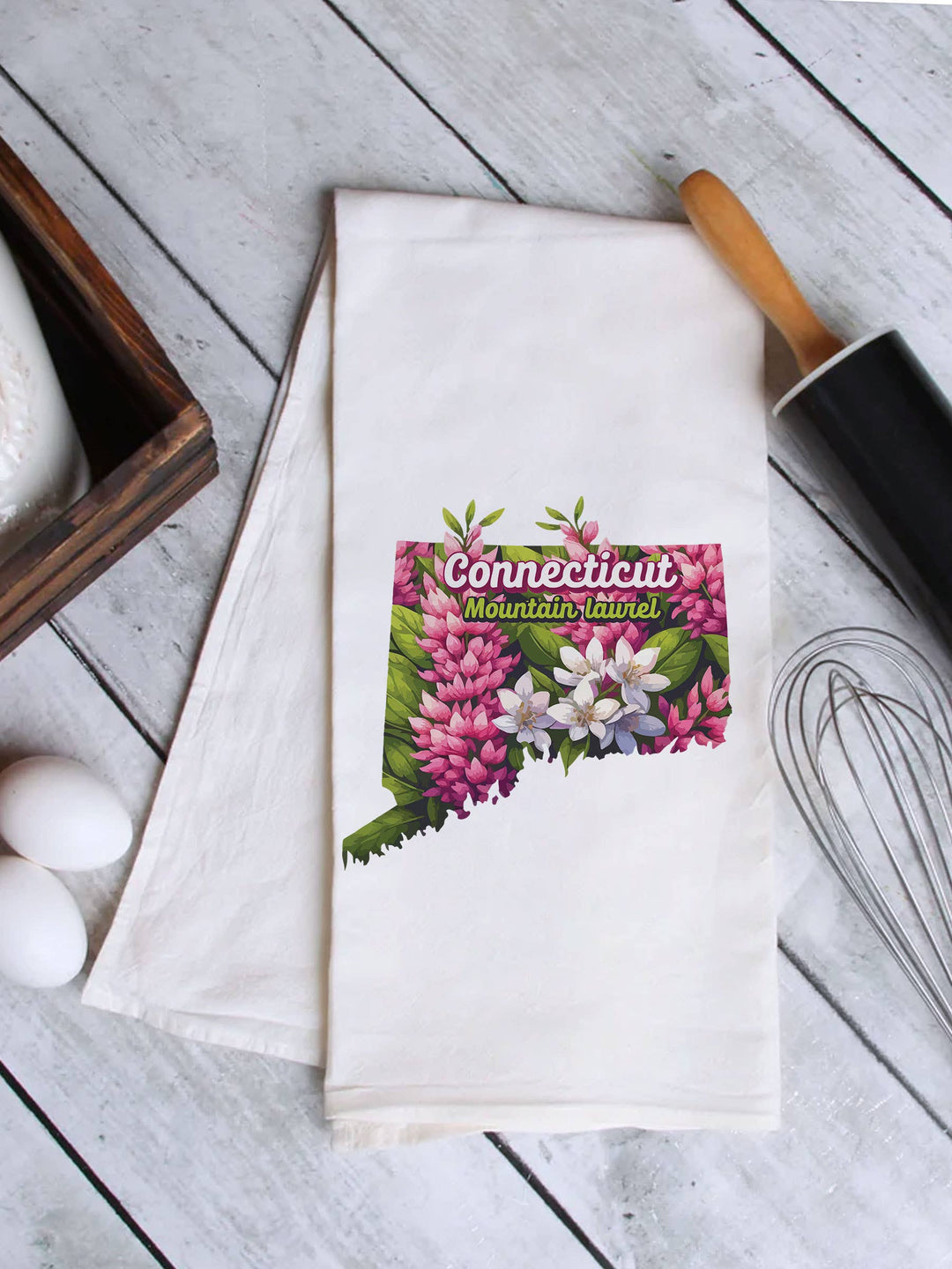 "Connecticut State Flower Mountain Laurel" design on a white 28 x 28 inch flour sack tea towel