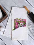 "Connecticut State Flower Mountain Laurel" design on a white 28 x 28 inch flour sack tea towel