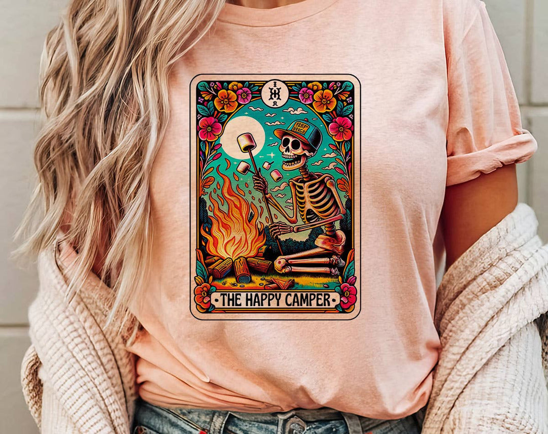 "The Happy Camper Tarot" design on a peach unisex t-shirt