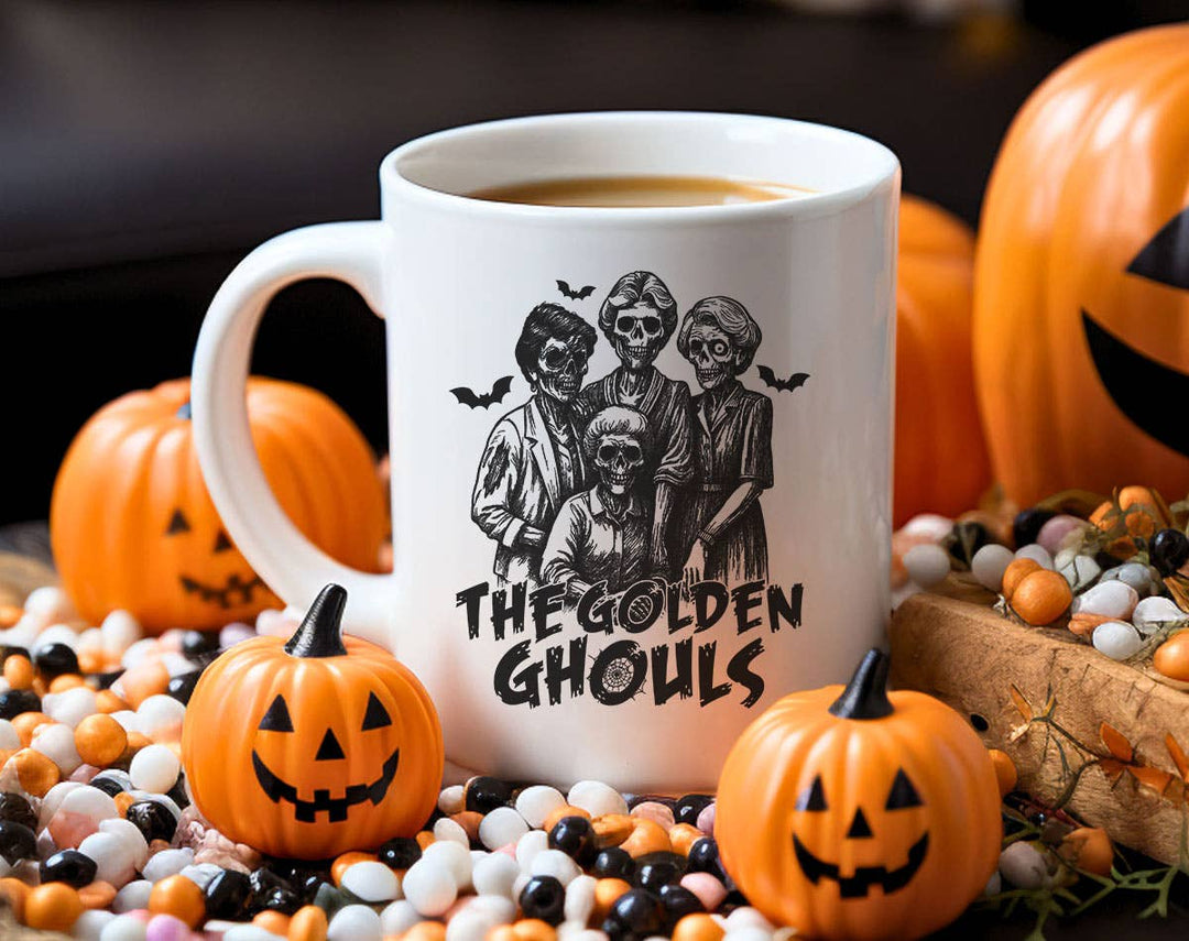 "The Golden Girl Ghouls" Halloween design on a white coffee mug