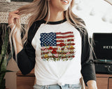 American Flag Floral Painting 4th of July Baseball Raglan Tee, 3/4 Sleeve Shirt