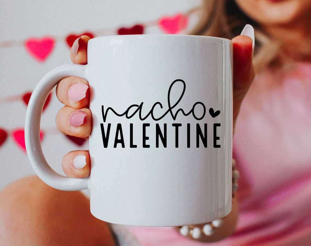 "Nacho Valentine" design on a white ceramic coffee mug