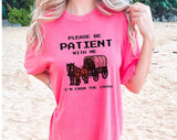 "Please Be Patient, I'm From The 1900s" design on a pink watermelon Comfort Colors t-shirt