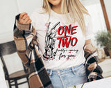 "One Two Freddy's Coming For You" design on a white unisex t-shirt