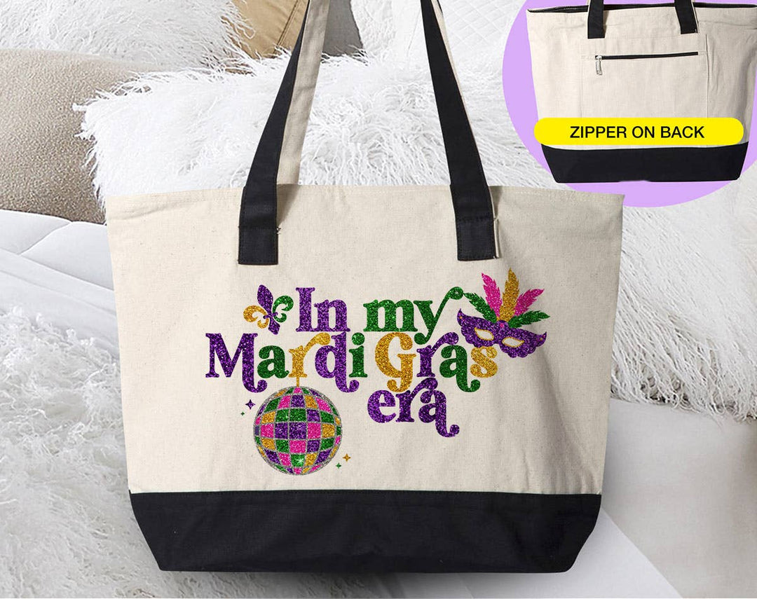"In My Mardi Gras Era" design on a natural canvas zippered tote bag