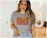 "Hello Pumpkin" design on a heather gray unisex t-shirt