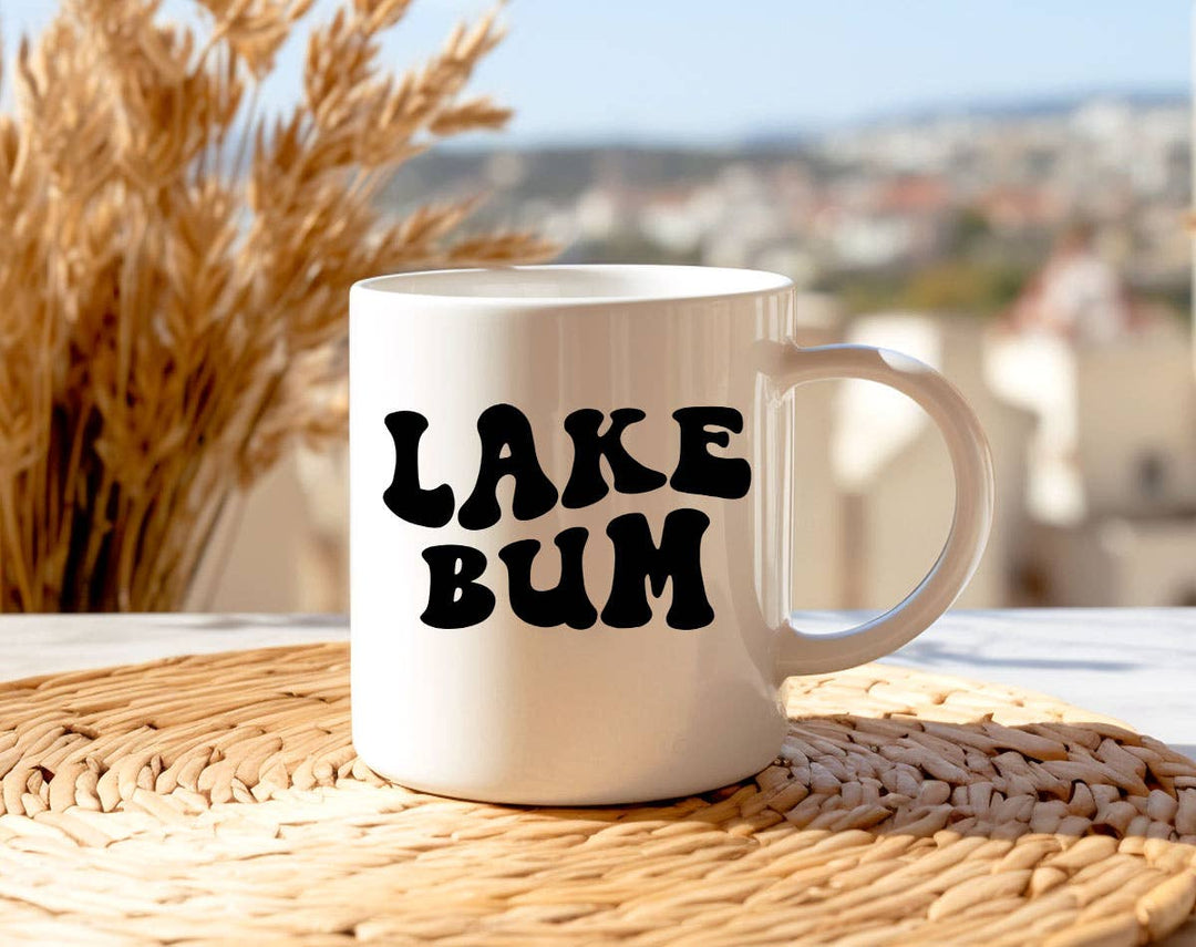 "Lake Bum" design on a white ceramic coffee mug