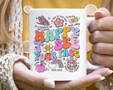 "Happy To See Your Face Teacher" design on a white ceramic coffee mug