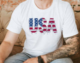 "USA Faux Patchwork American Flag" design on a white unisex t-shirt