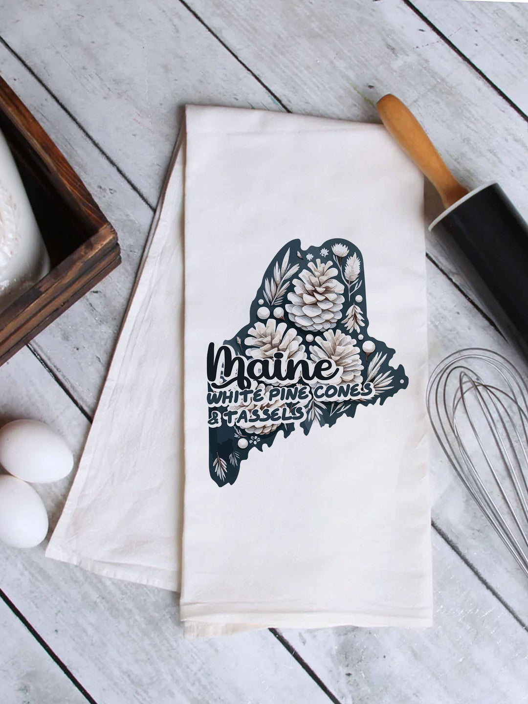 "Maine State Flower White Pine Cone" design on a white 28 x 28 inch flour sack tea towel