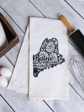 "Maine State Flower White Pine Cone" design on a white 28 x 28 inch flour sack tea towel