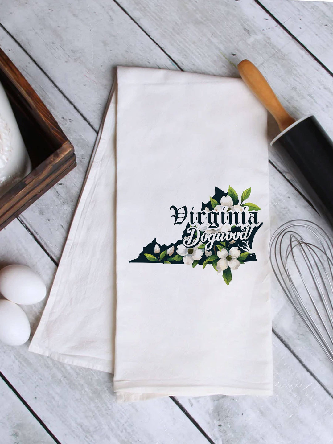"Virginia State Flower Dogwood" design on a white 28 x 28 inch flour sack tea towel