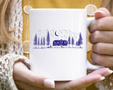 "Camping Life Under The Stars" design on a white ceramic coffee mug