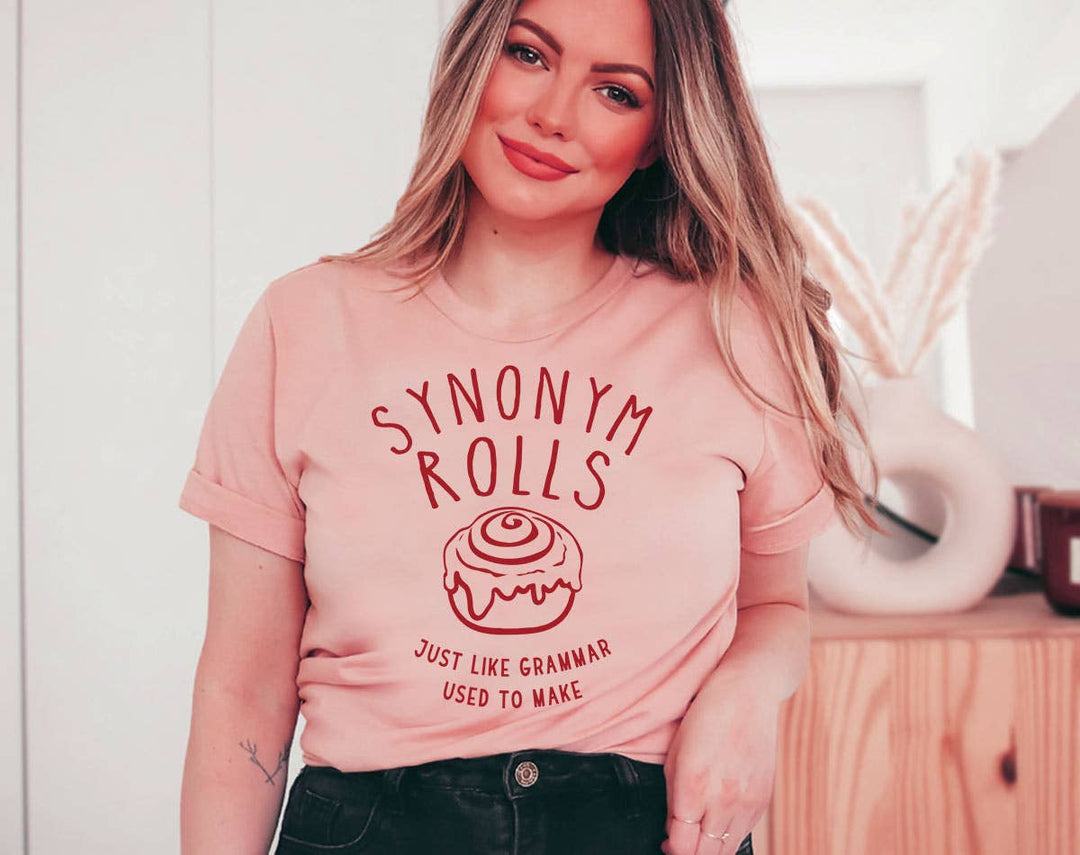 "Synonym Rolls" design on a peach unisex t-shirt