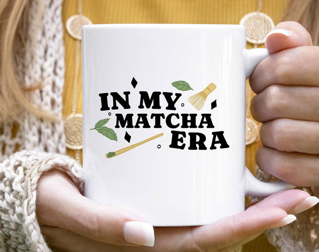 "In My Matcha Era" design on a white ceramic coffee mug