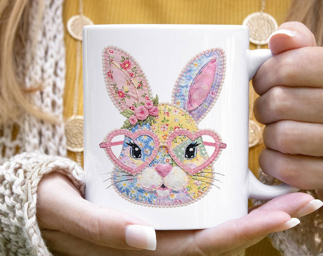 "Easter Bunny Heart Glasses Patchwork" design on a white ceramic coffee mug