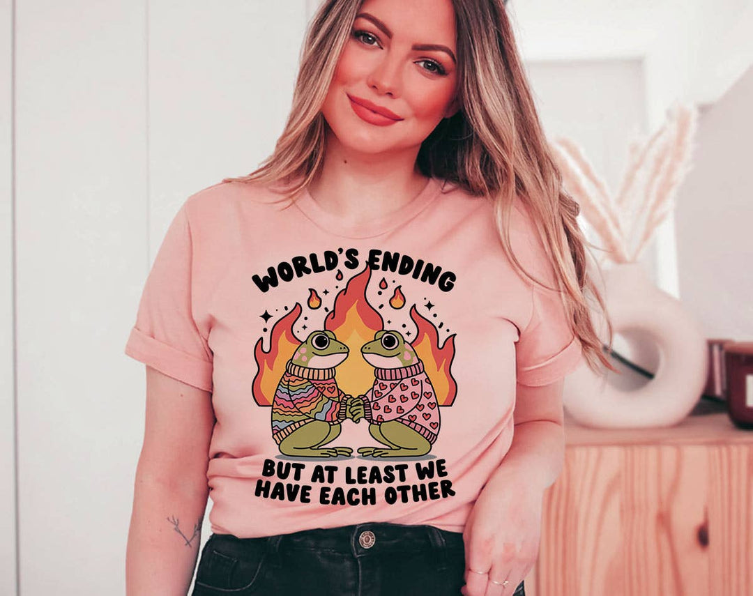 "World's Ending Frog Valentine" design on a peach unisex t-shirt
