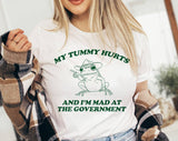 "My Tummy Hurts Frog" design on a white unisex t-shirt