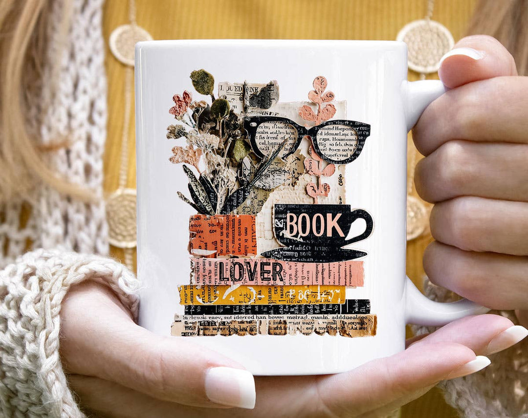 "Book Lover Collage Glasses" design on a white ceramic coffee mug