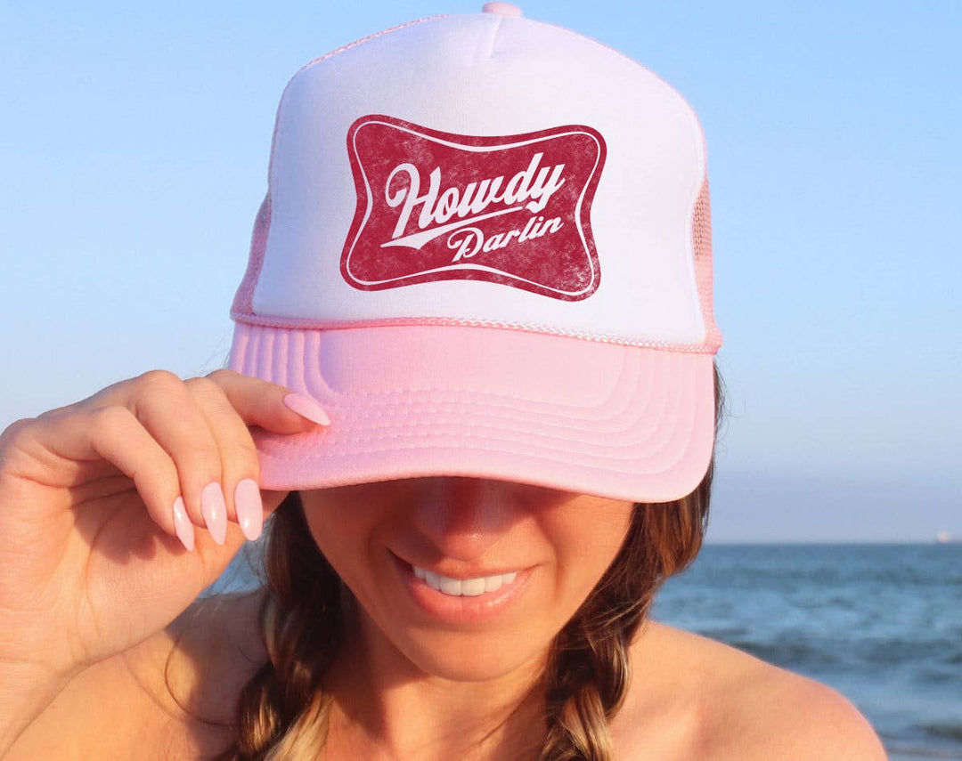 "Howdy Darlin Retro Beer" design on a mesh-back snapback trucker hat