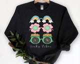 "Lucky Vibes Gold Rainbow" design, alternate view, on an ash gray unisex crewneck sweatshirt