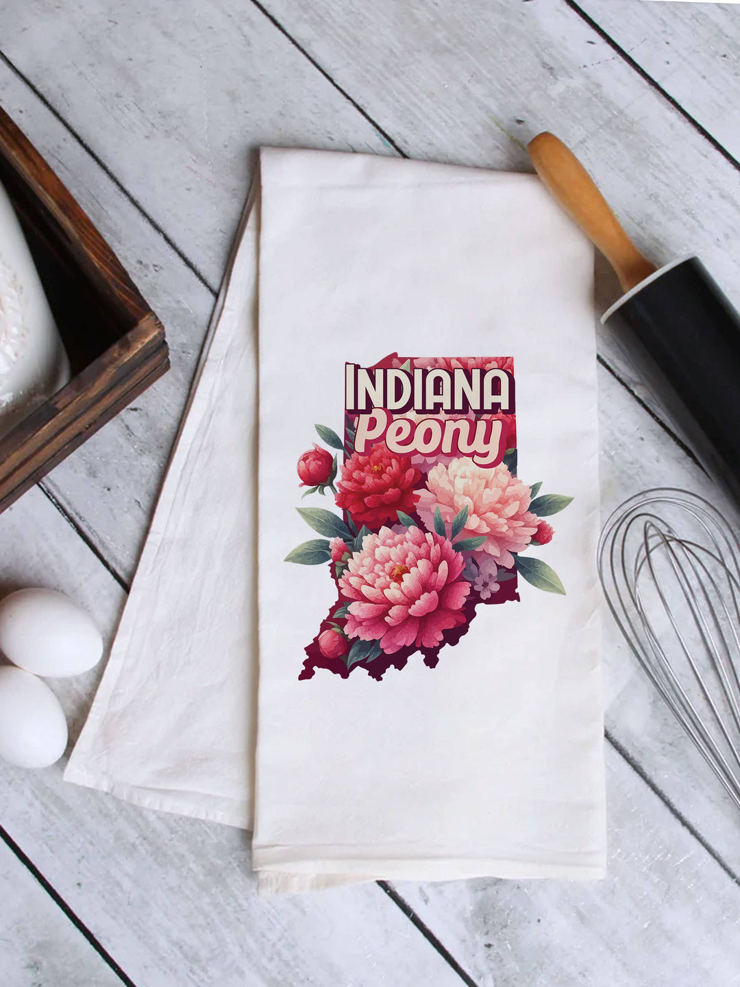 "Indiana State Flower Peony" design on a white 28 x 28 inch flour sack tea towel