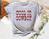 "Cool It Cowboy" design on a heather gray unisex t-shirt