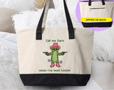 "Call Me Darn Cause I've Been Tootin" design on a natural canvas zippered tote bag