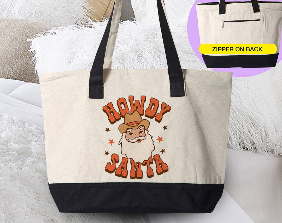 "Howdy Santa Cowboy" design on a natural canvas zippered tote bag