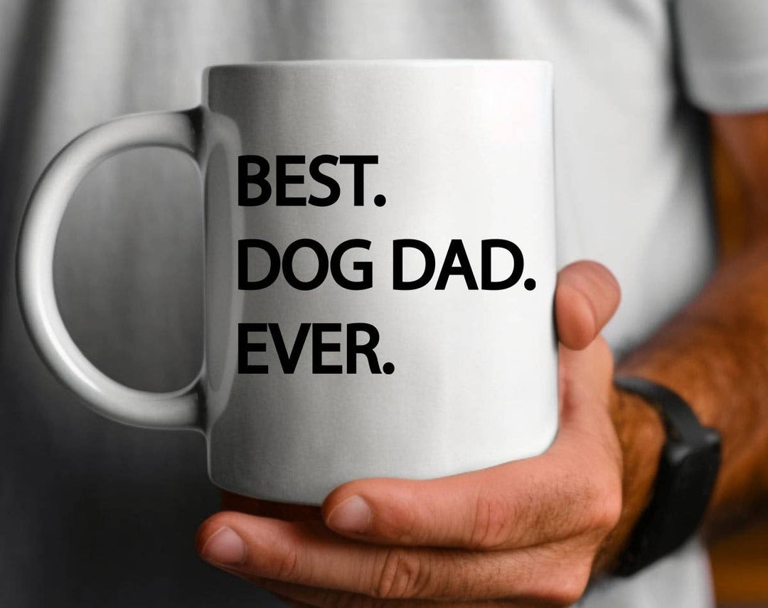"Best Dog Dad Ever" design on a white ceramic coffee mug