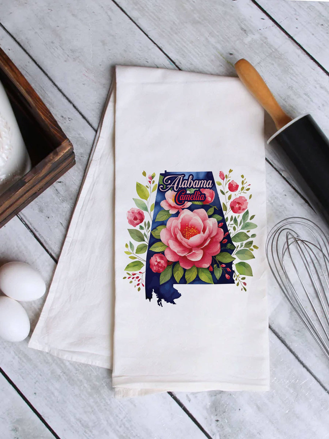 "Alabama State Flower Camellia" design on a white 28 x 28 inch flour sack tea towel