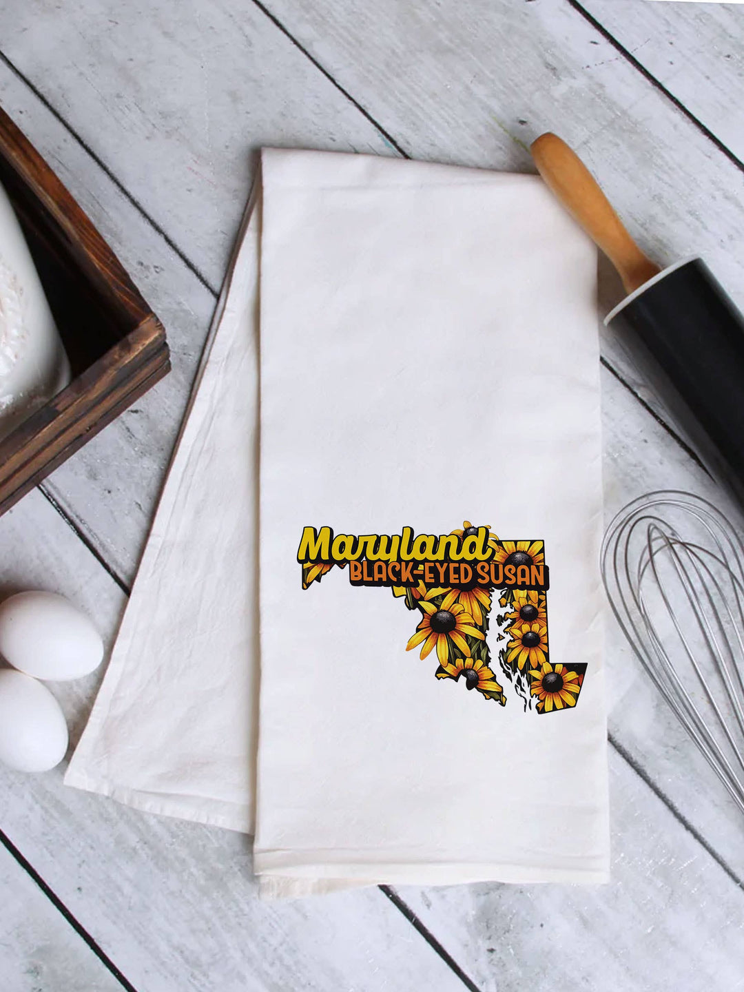 "Maryland State Flower Black Eyed Susan" design on a white 28 x 28 inch flour sack tea towel