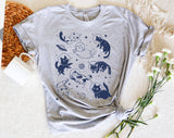 "Cats Floating In Space" design on a heather gray unisex t-shirt