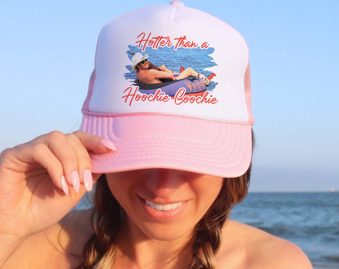 "Hotter Than Hoochie Coochie" design on a mesh-back snapback trucker hat