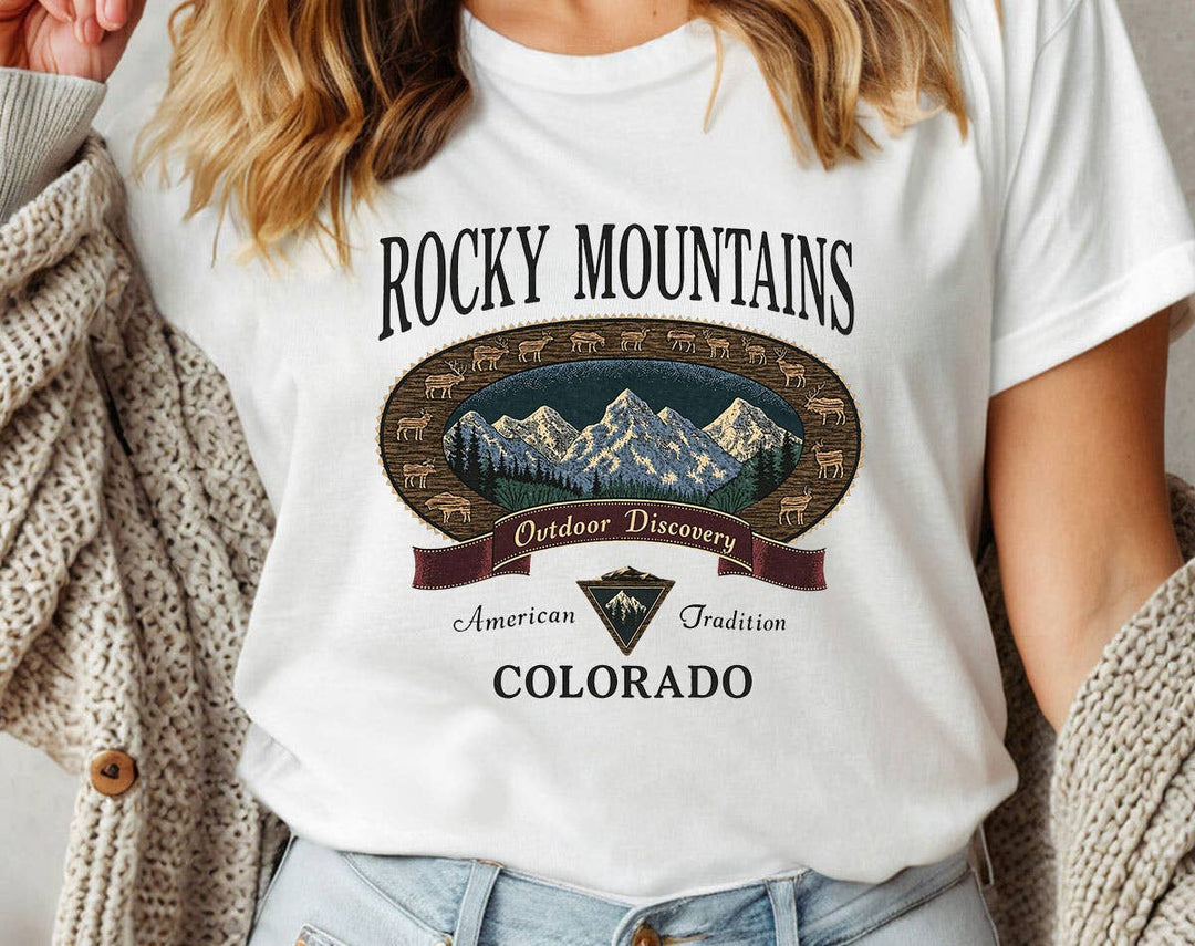 "Rocky Mountains Hiking" design on a white unisex t-shirt