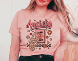 "Anxiety On Off Introvert Mom" design on a peach unisex t-shirt