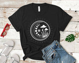 "Magic Mushroom" design on a black unisex t-shirt