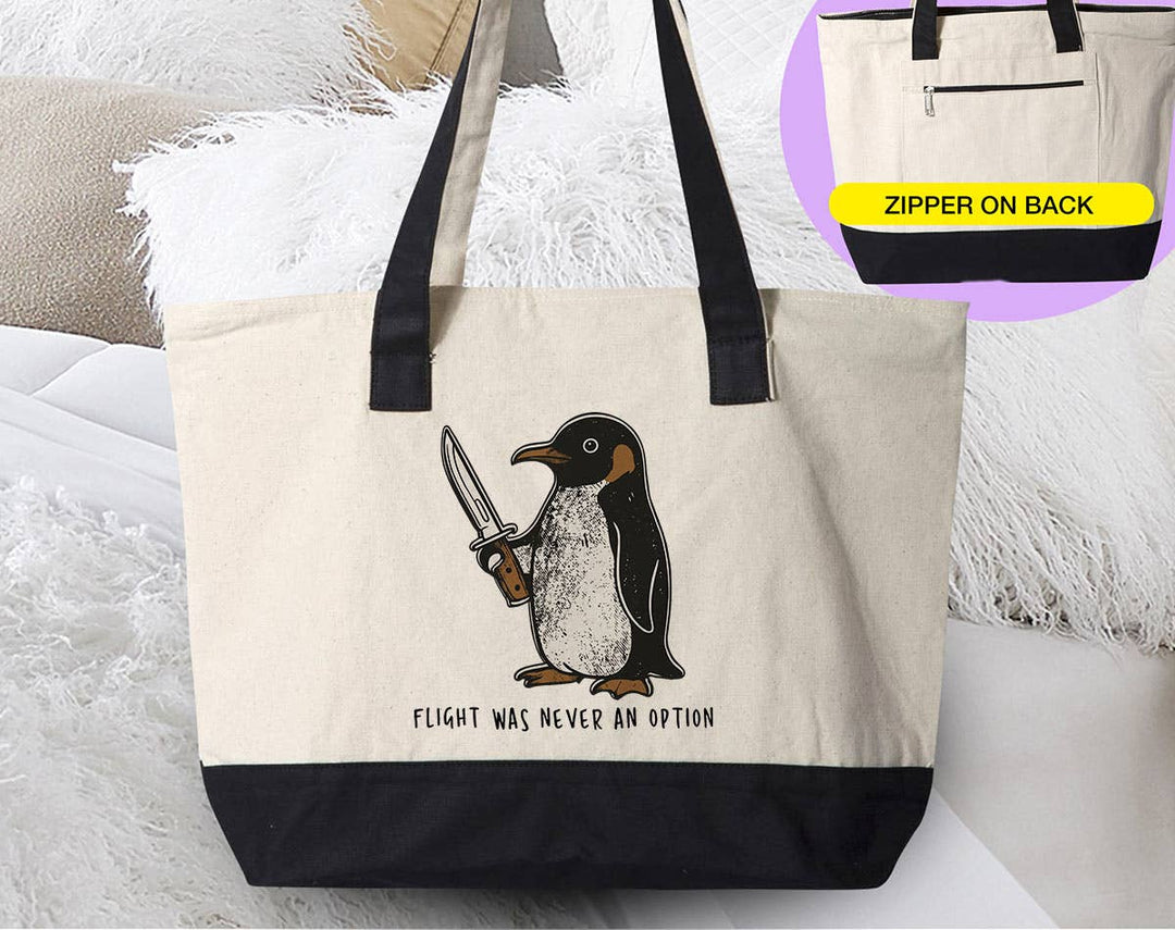 "Flight Was Never An Option" design on a natural canvas zippered tote bag