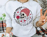 "Dead Inside But It's Valentine's Day" design on an ash gray unisex crewneck sweatshirt