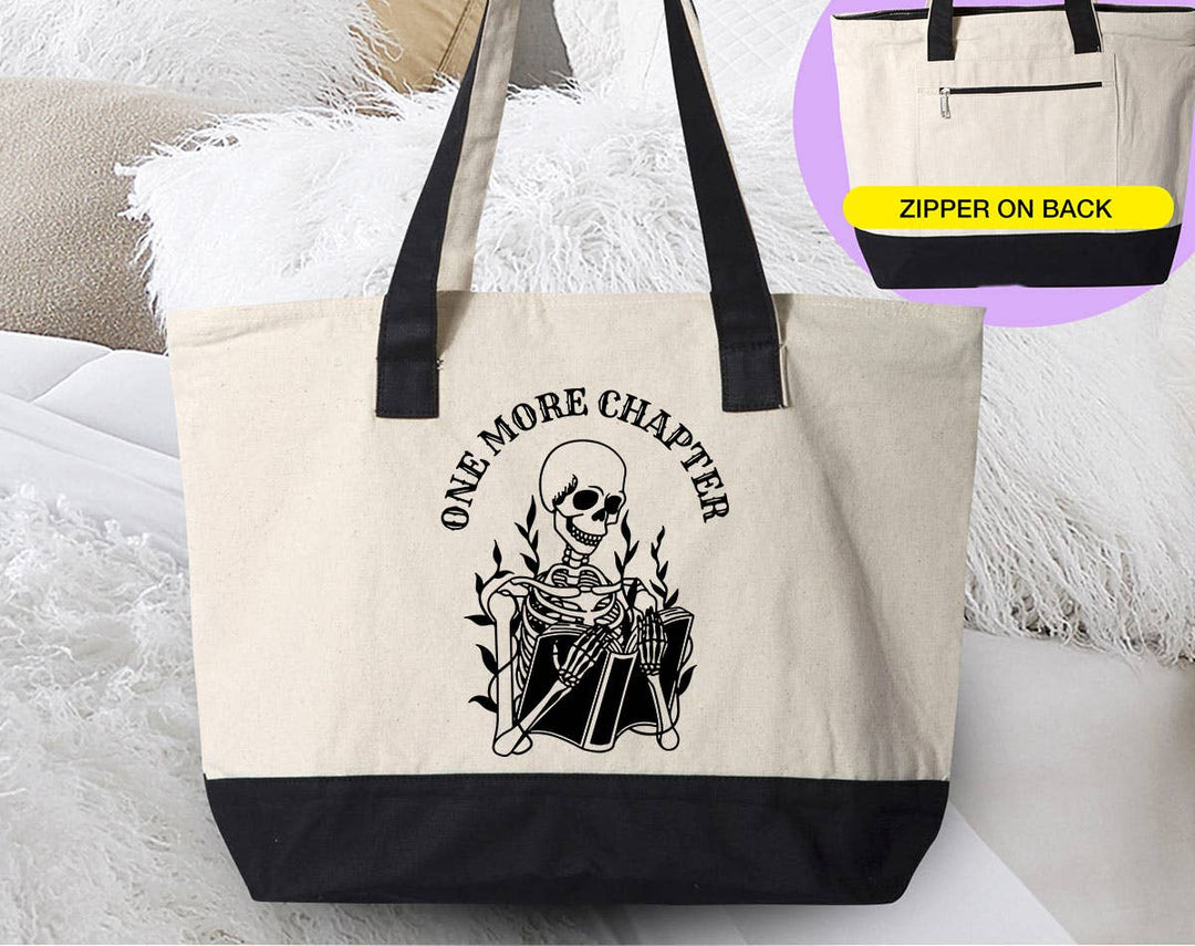 "One More Chapter Skeleton" design on a natural canvas zippered tote bag