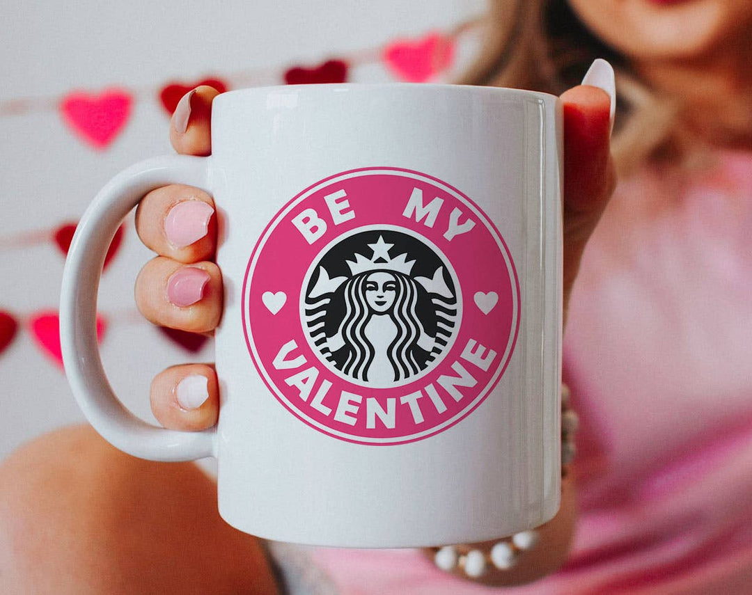 "Be My Valentine Pink Coffee Logo" design on a white ceramic coffee mug