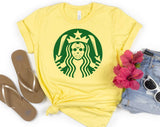 "Jason Bucks Coffee" design on a pale yellow unisex t-shirt