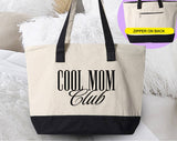 "Cool Mom Club" design on a natural canvas zippered tote bag