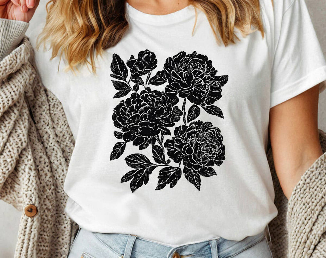 "Retro Linocut Black Peonies" design on a white unisex t-shirt